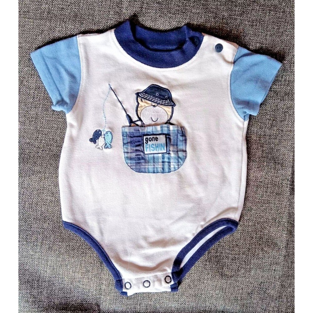 shirt 1990s Vintage Cradle Togs 6 To 9 months Short Sleeve Bear Fishing Boy
